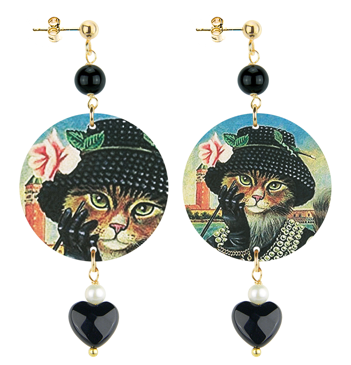 Orecchini Gatto Con Cappello Piccolo Nero - Lebole Maison